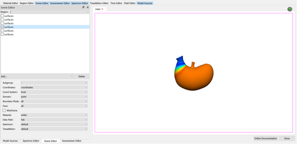 Figure 16. **Scene Editor** showing only surfaces using the _hdc_ field for data, presented in an interesting pose