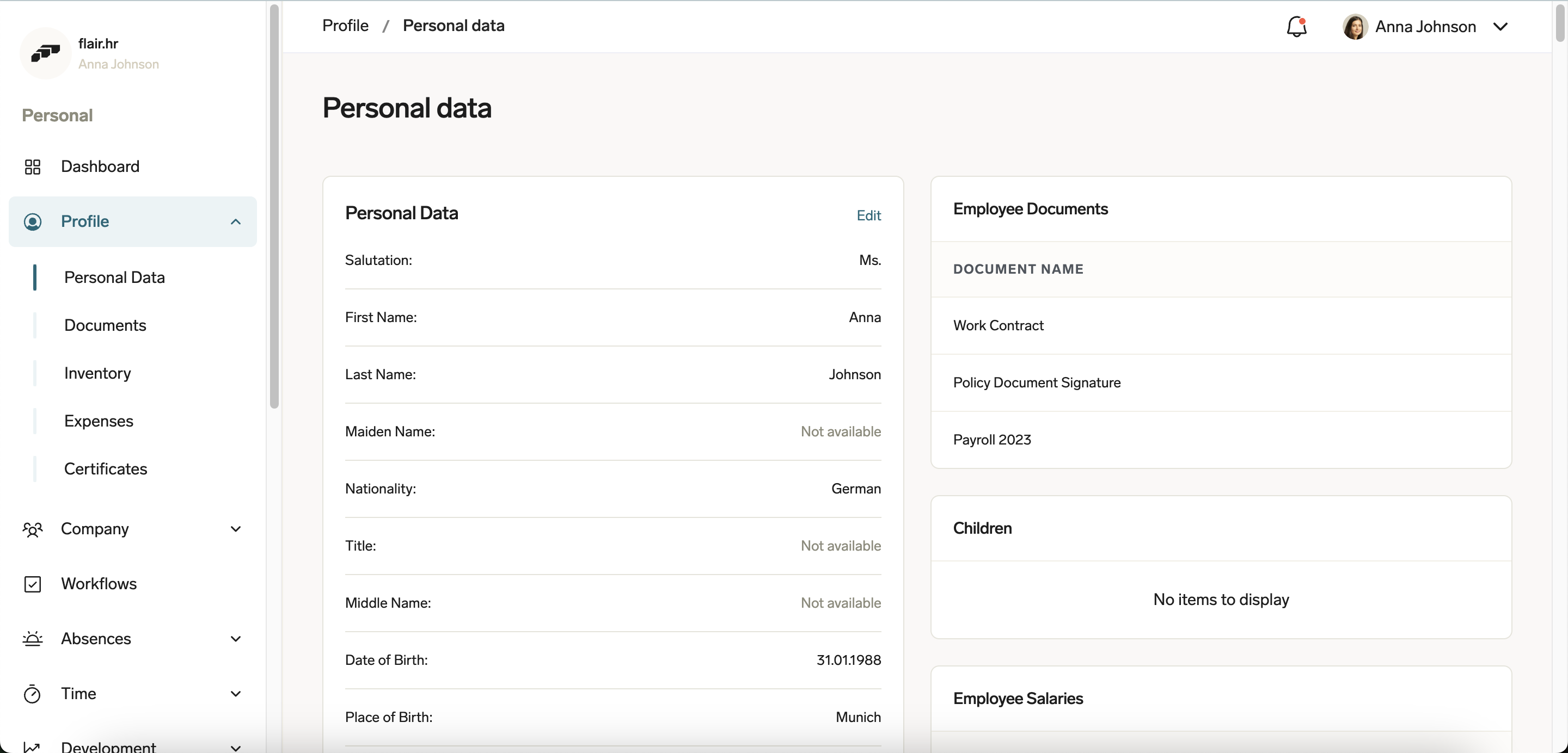 An example of the Personal Data section for employees