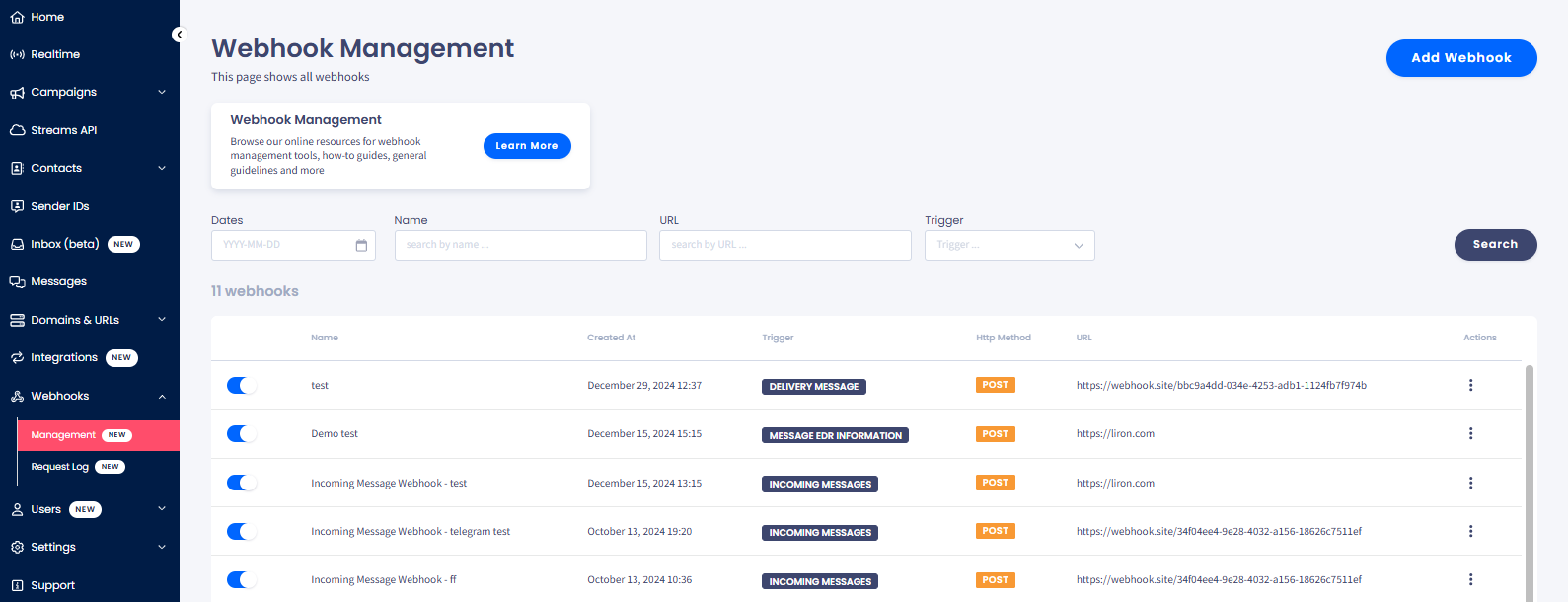 Screenshot of the Webhook Management tab