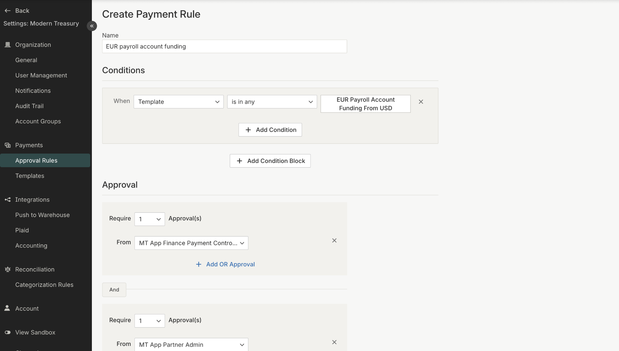 Configure Approval Rules on specific Payment Templates