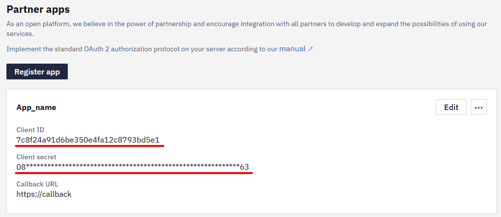 Partner apps page showing a registered app with its Client ID and Client secret values underlined