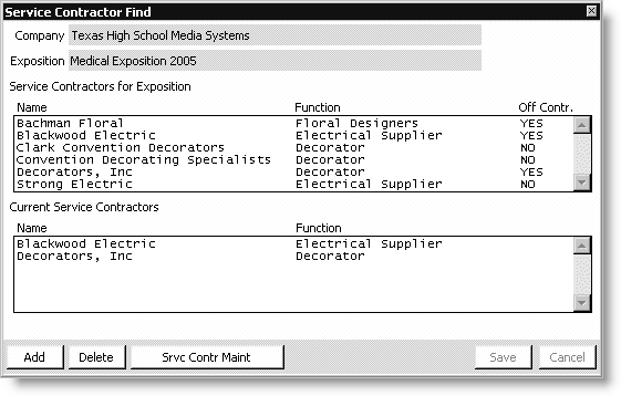 From Exposition, select View exhibitor information, open an exposition, double-click an exhibitor, click More, select Service Contractors, and click Add/Delete