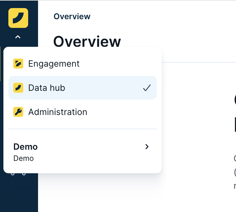 Screenshot showing Data hub selected in the Bloomreach platform drop-down menu.