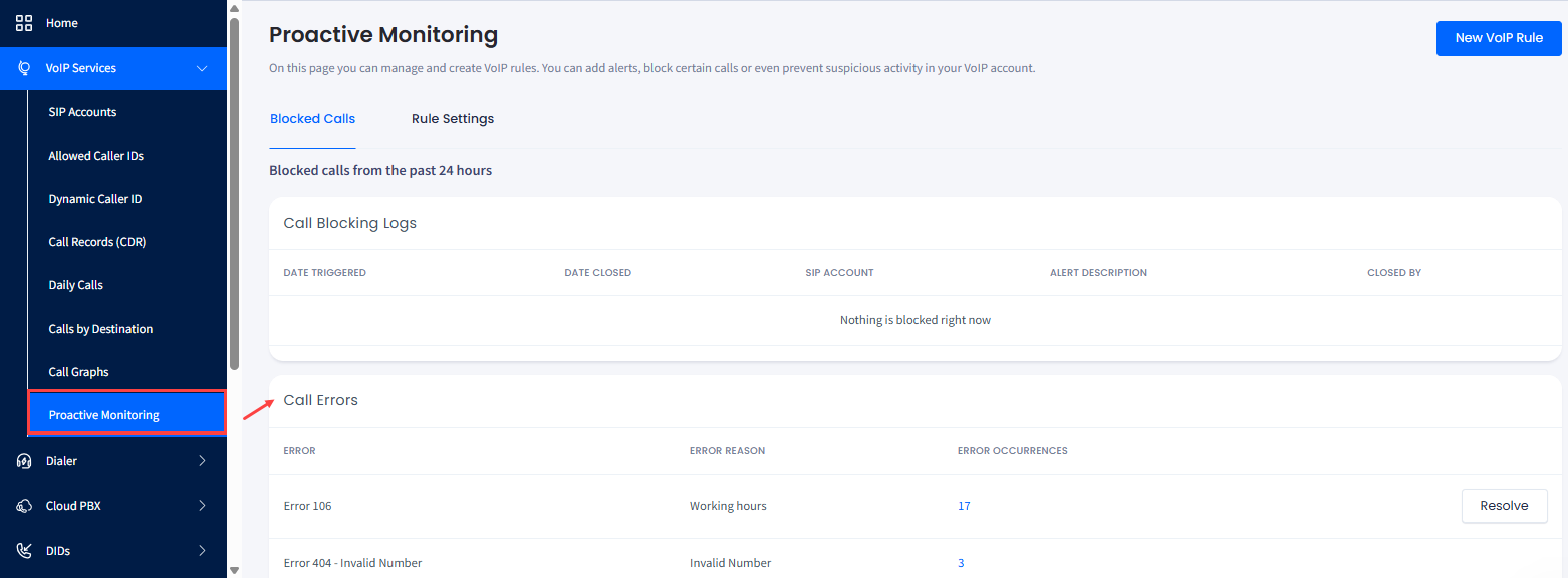 Screenshot of the Blocked Calls section