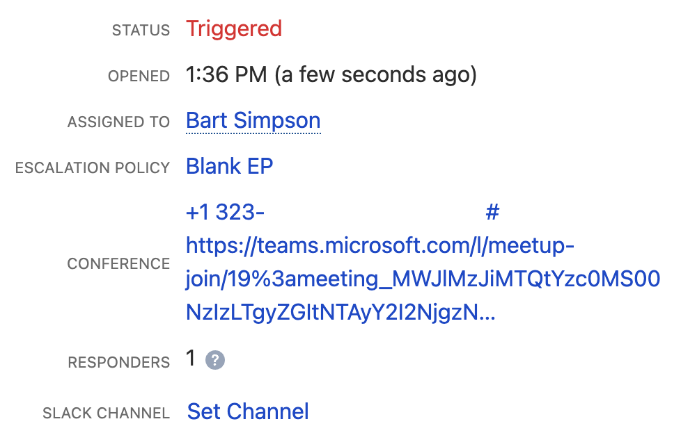 Meeting details on the PagerDuty incident