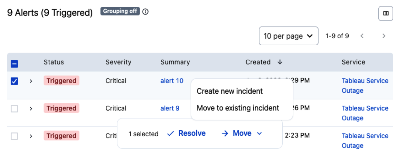 Move alerts on the Incidents page A screenshot of the PagerDuty web app showing how to move alerts on the Incidents page