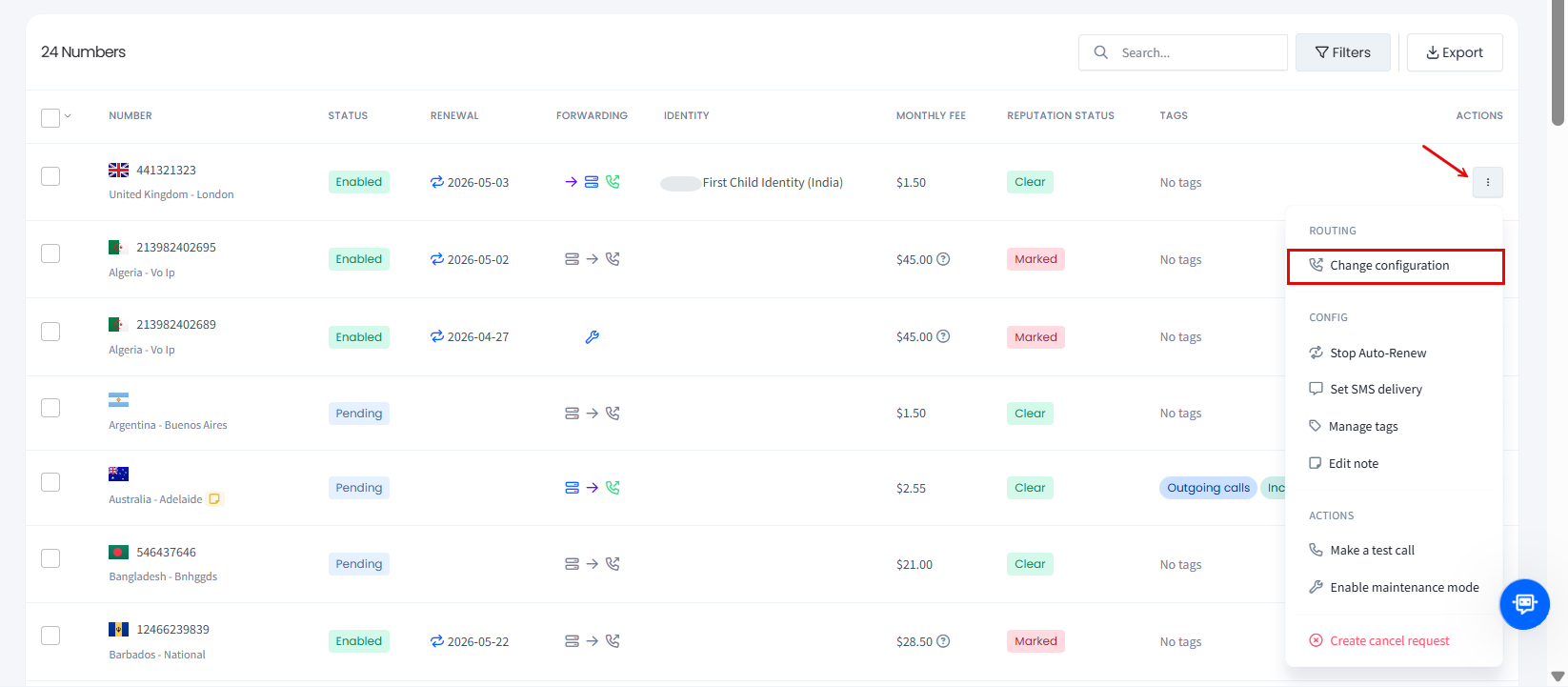 Screenshot of selecting Change configuration action