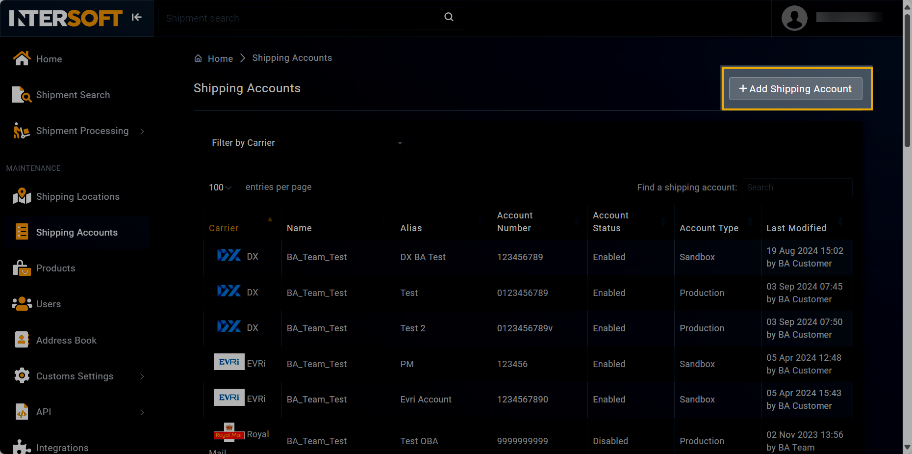 Accessing option to add shipping account