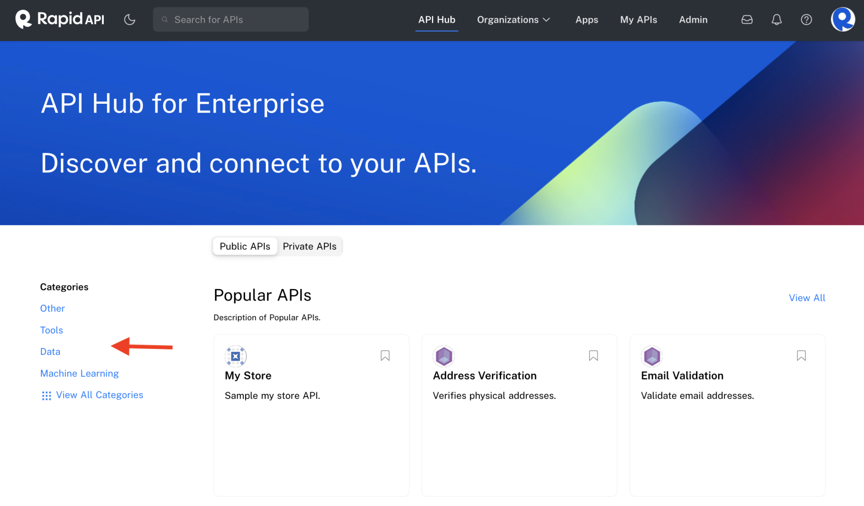 Categories on the API Hub.