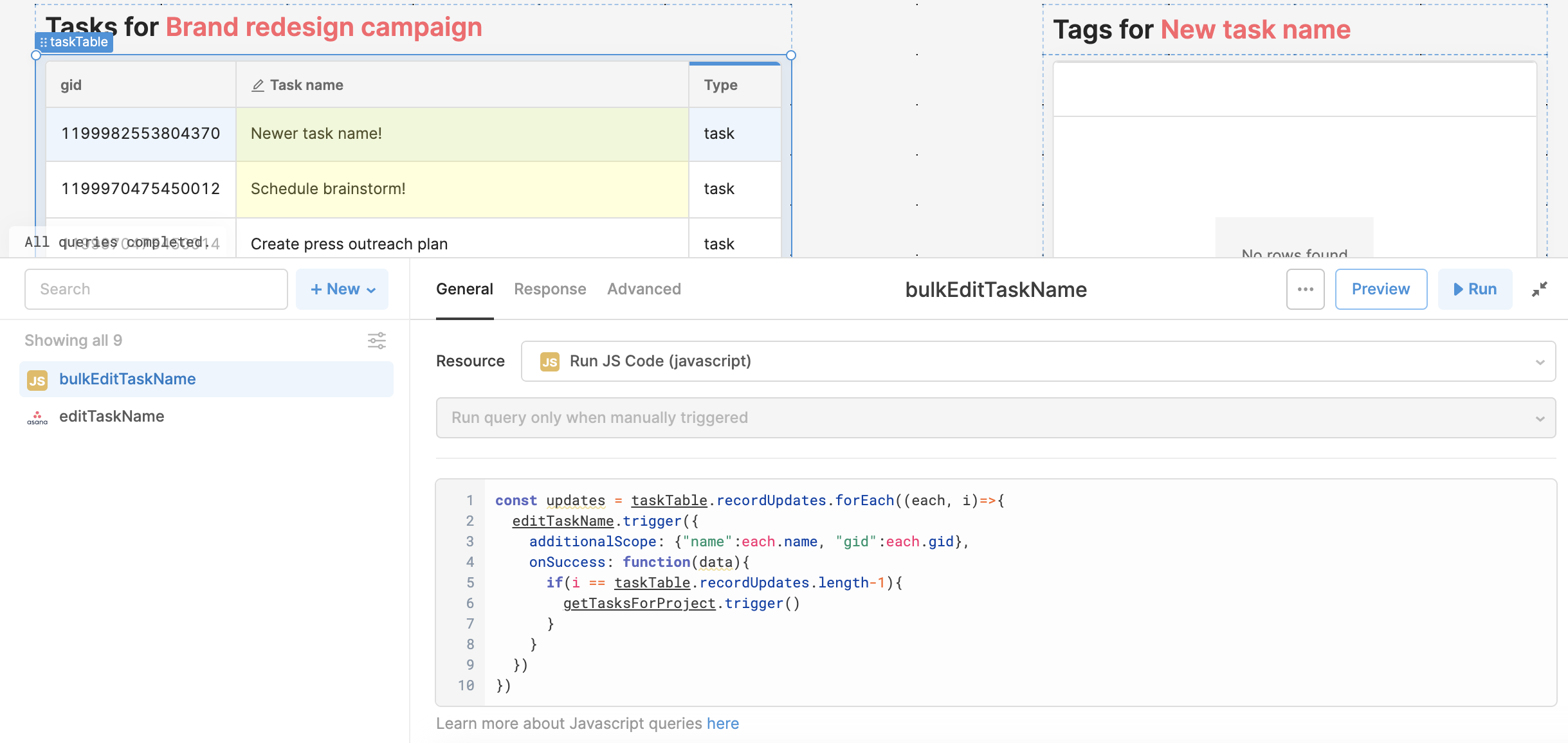 bulkEditTaskName.png JS query to trigger the `editTaskName` query, with the name and gid passed in for each row.