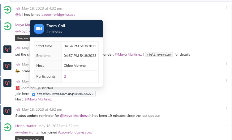 An image of the Slack interface detailing information about a Zoom call