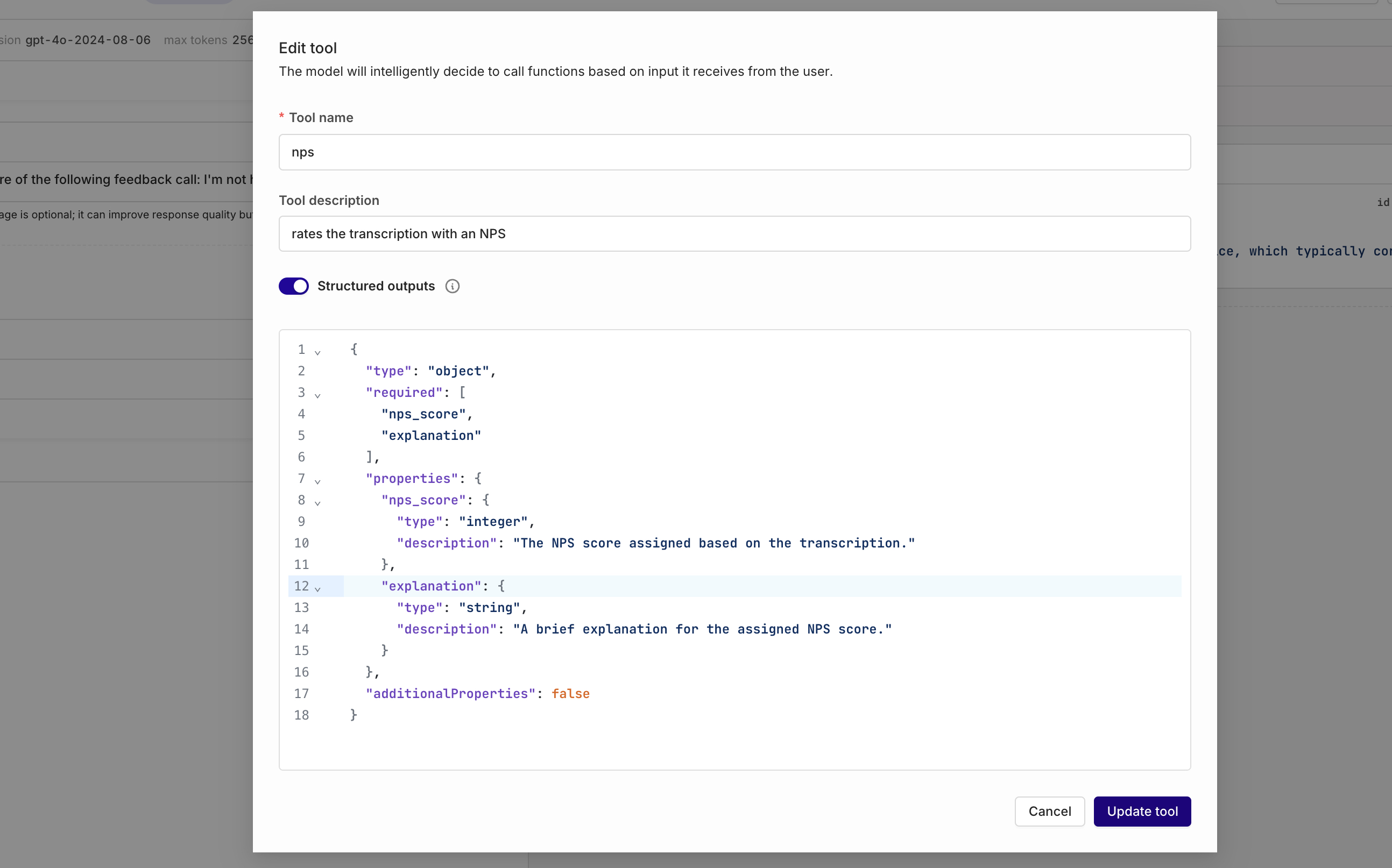 Enabling Structured Outputs through the Tool setup.