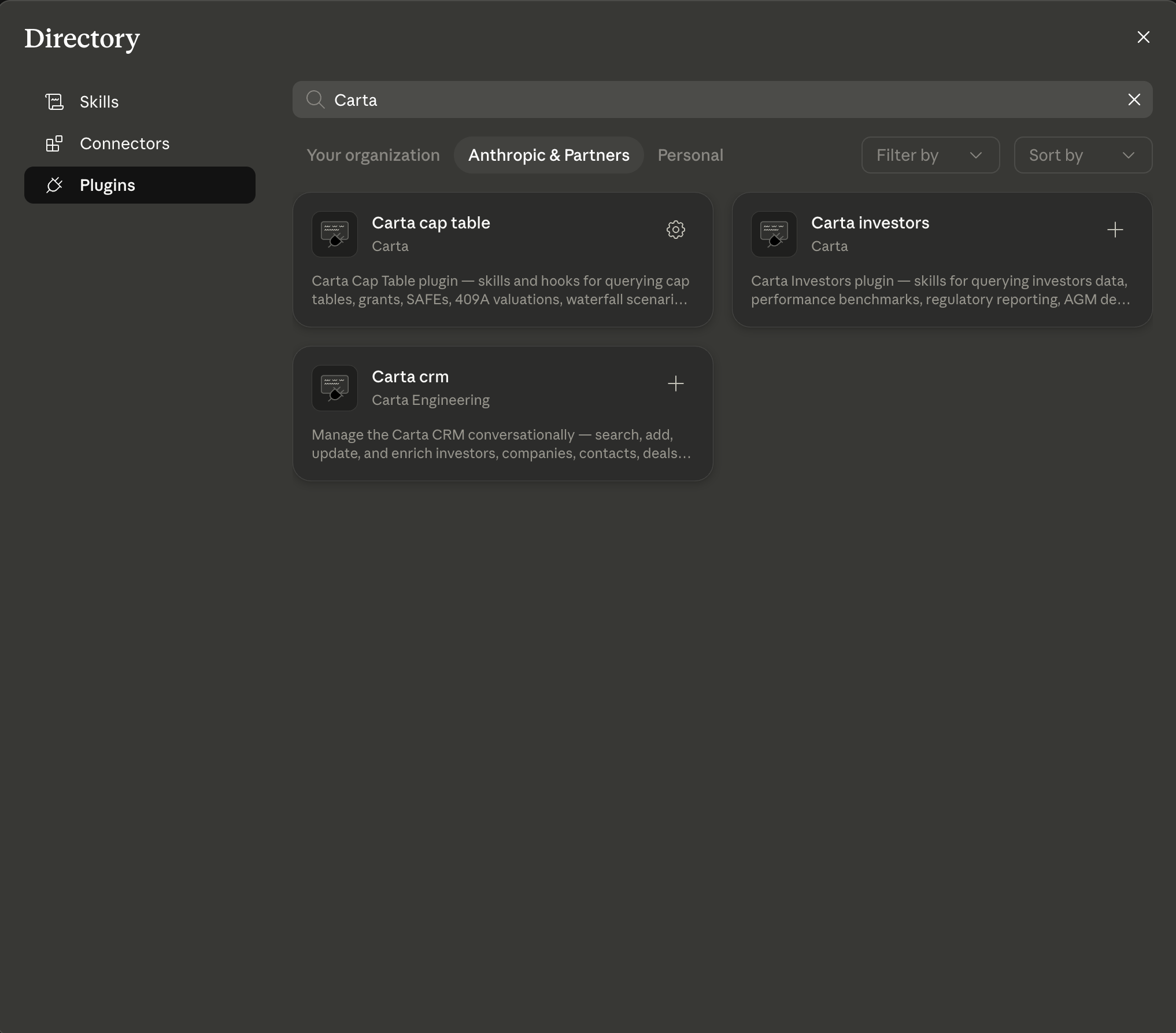 The Claude plugin directory showing search results for "Carta" under the Anthropic & Partners tab, with Carta investors, Carta cap table, and Carta crm listed