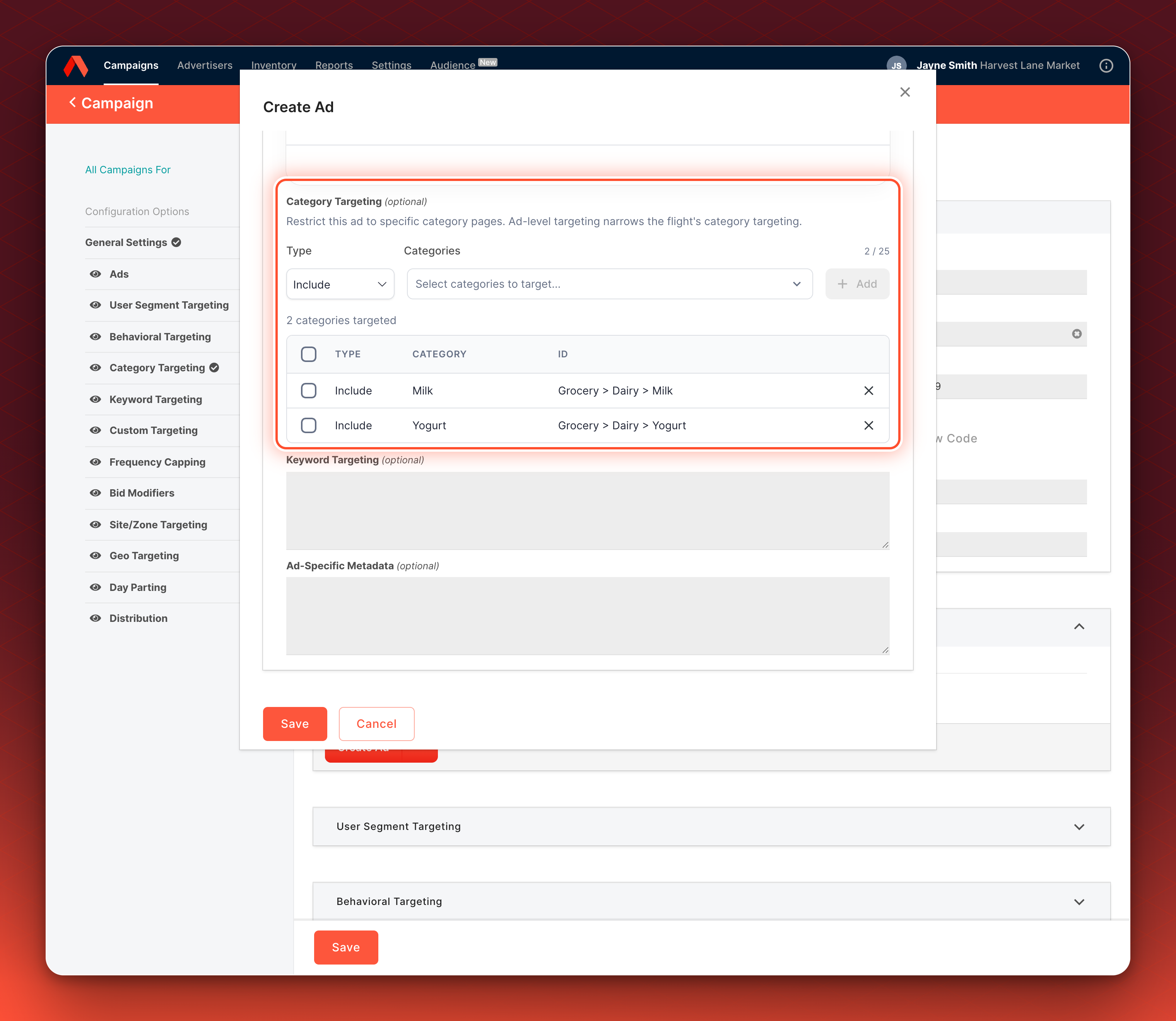 The Ad form's Delivery Settings with Category Targeting set on the Ad: two categories added, Milk and Yogurt.