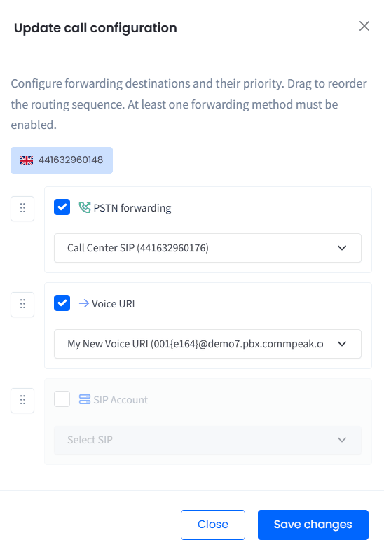Working in the Update call configuration window