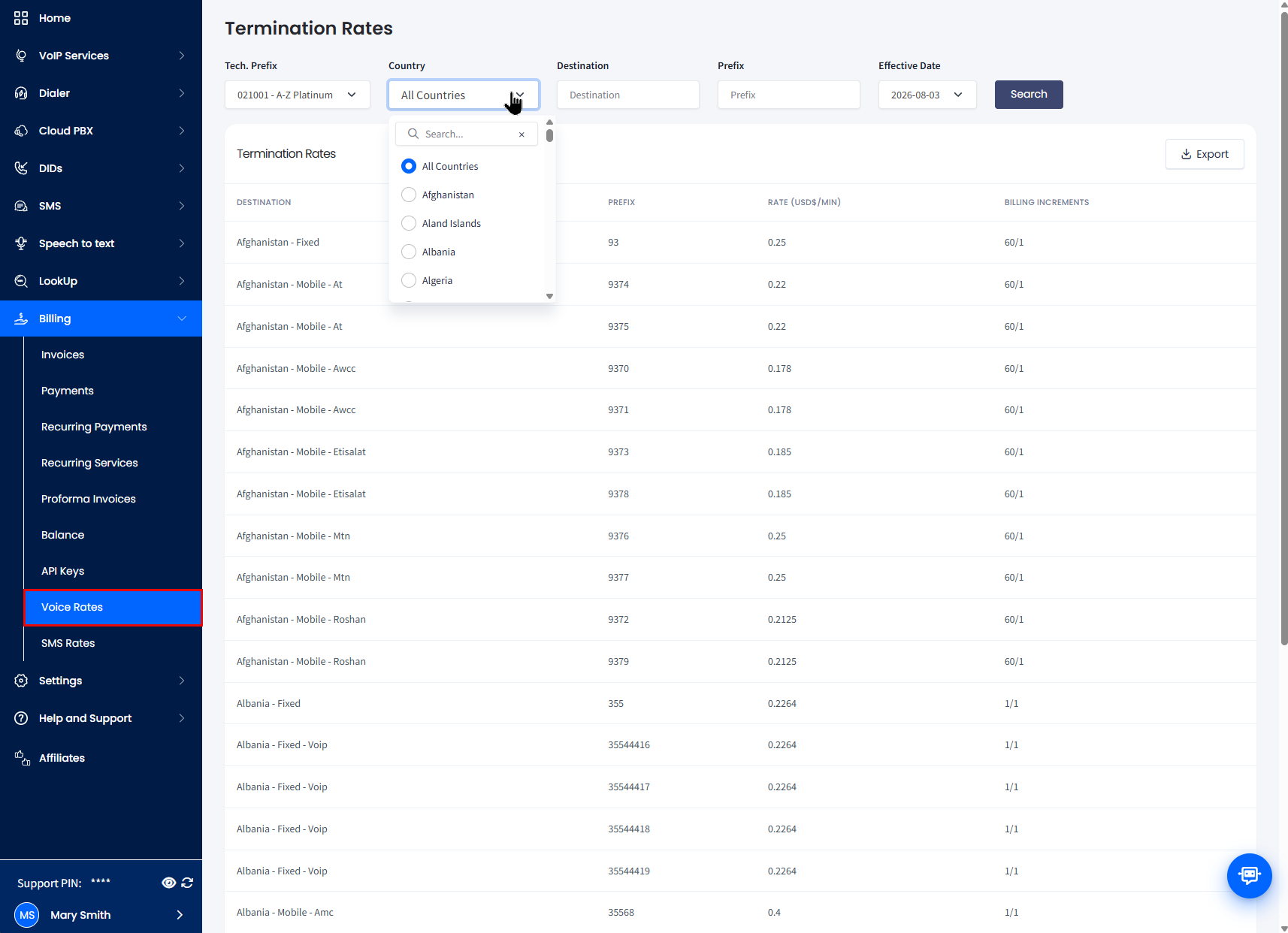 CommPeak Portal Voice Rates page filtered by country showing per-minute rates and billing increments