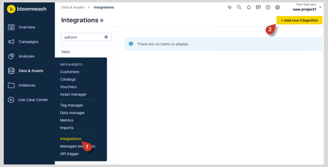Bloomreach Engagement integrations page with Add new integration button highlighted in yellow