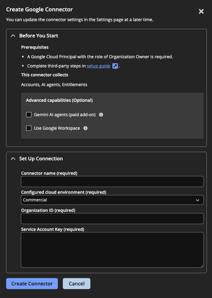 The connector settings for Google Cloud Platform