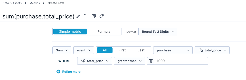 Event filter counting only purchases with a value greater than 1,000.