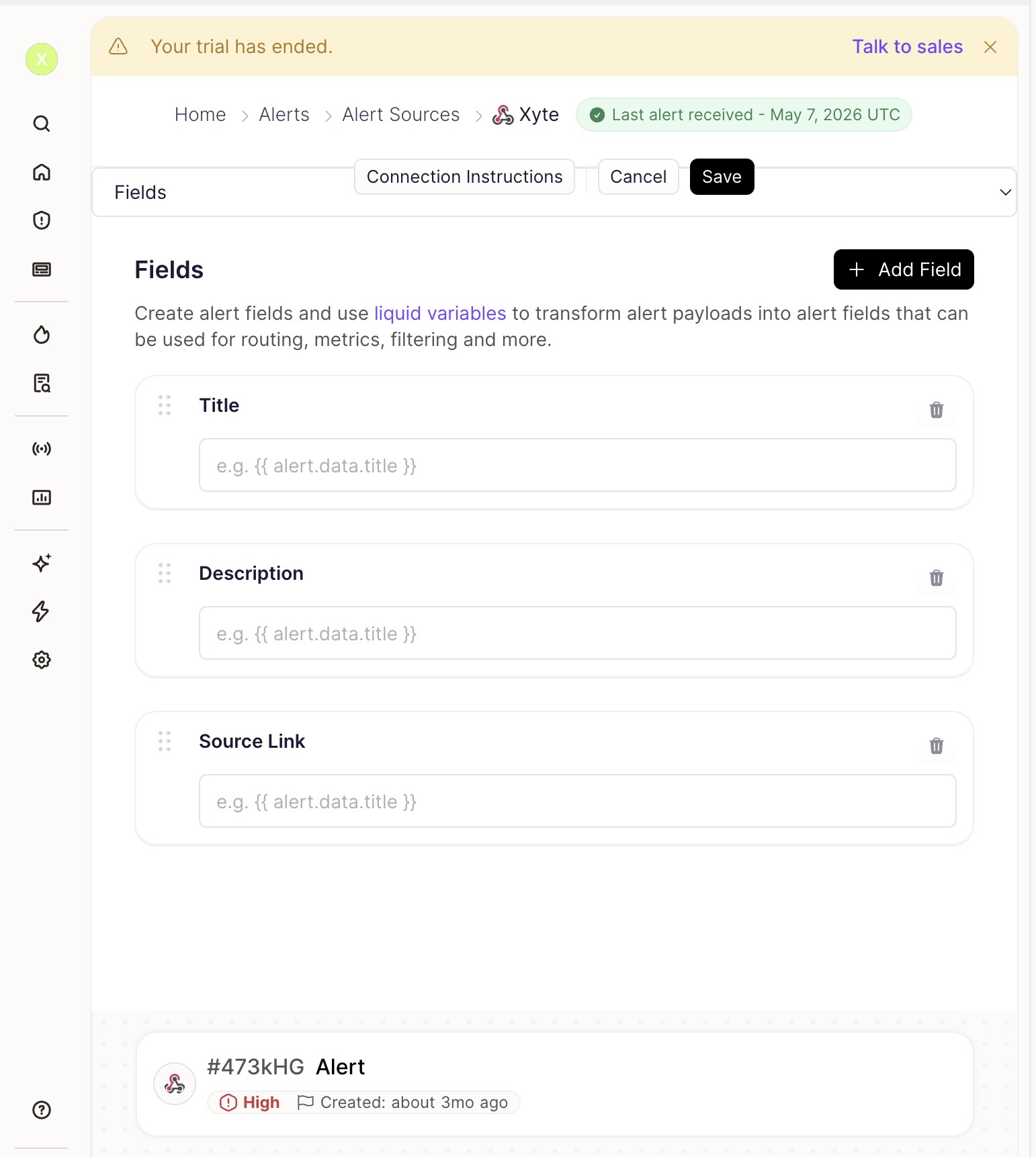 The Rootly Fields tab with empty Title, Description and Source Link and the liquid placeholder