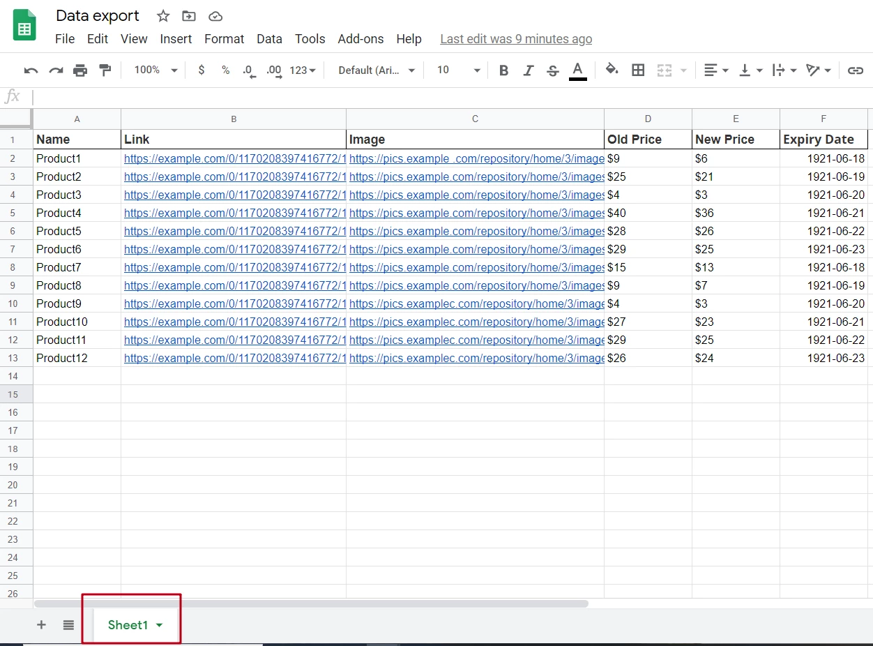 Data in the first sheet