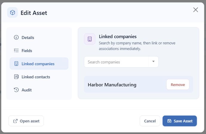 Saved Linked companies association for Harbor Manufacturing; these links save immediately.