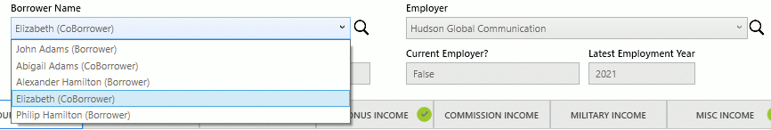 The "Borrower Name" dropdown menu is selected, revealing five borrowers for one loan application.