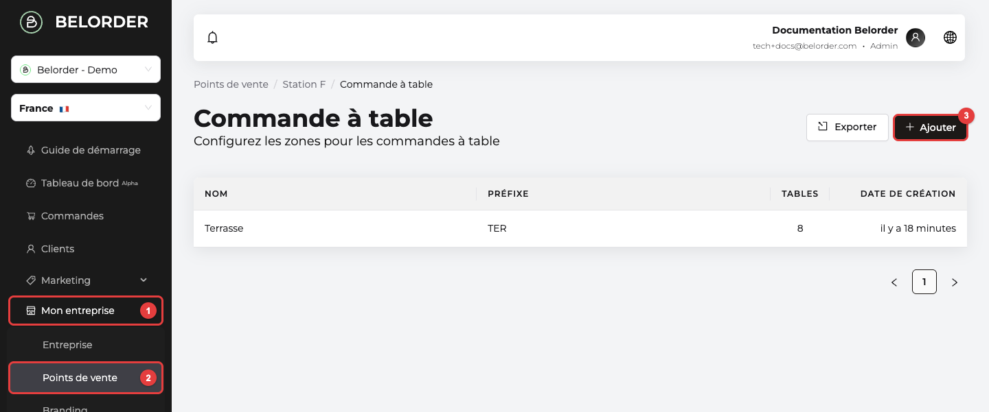 Liste des zones de commande à table dans le tableau de bord, avec les colonnes Nom, Préfixe, Tables et Date de création et le bouton Ajouter
