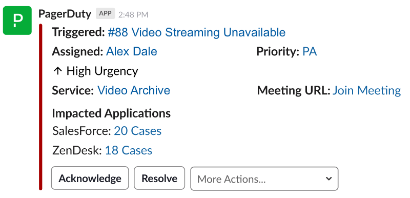 PagerDuty incident card in Slack