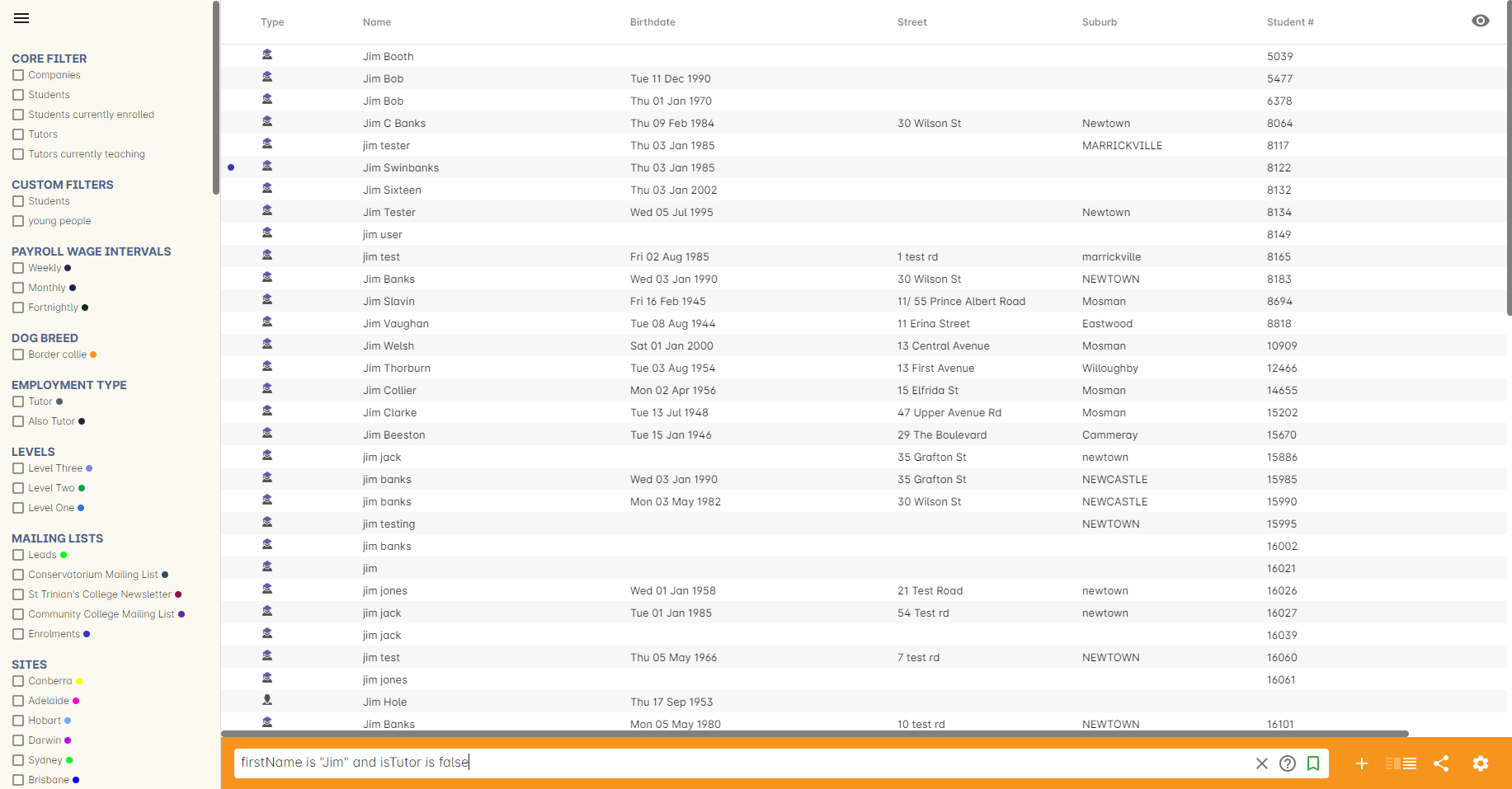 Figure 90. Finding contacts with first name "Jim" who are not a tutor using an advanced search query