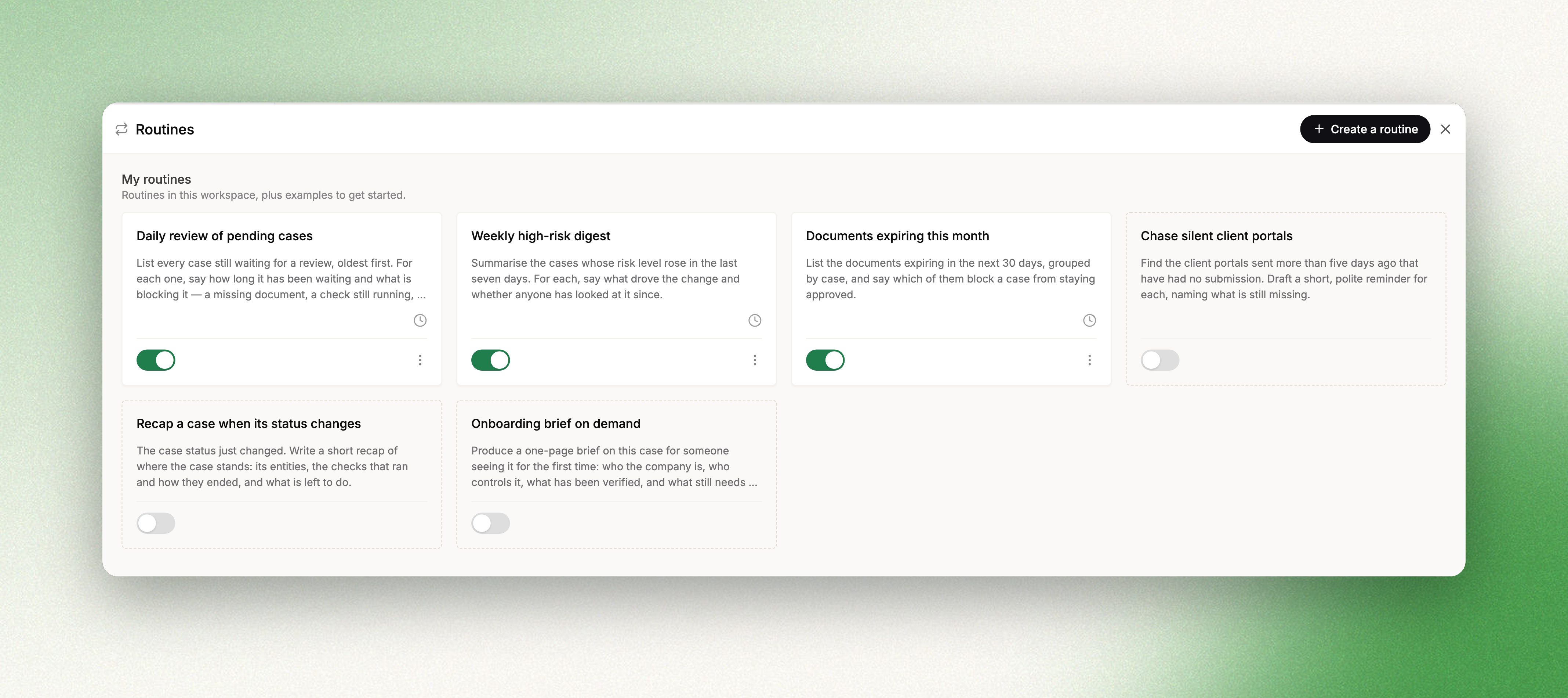 The Routines list in the Autonomy section, showing active and paused routines beside ready-made examples