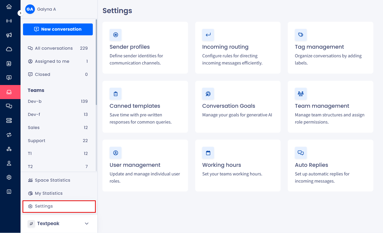 A screenshot of the Inbox > Settings page
