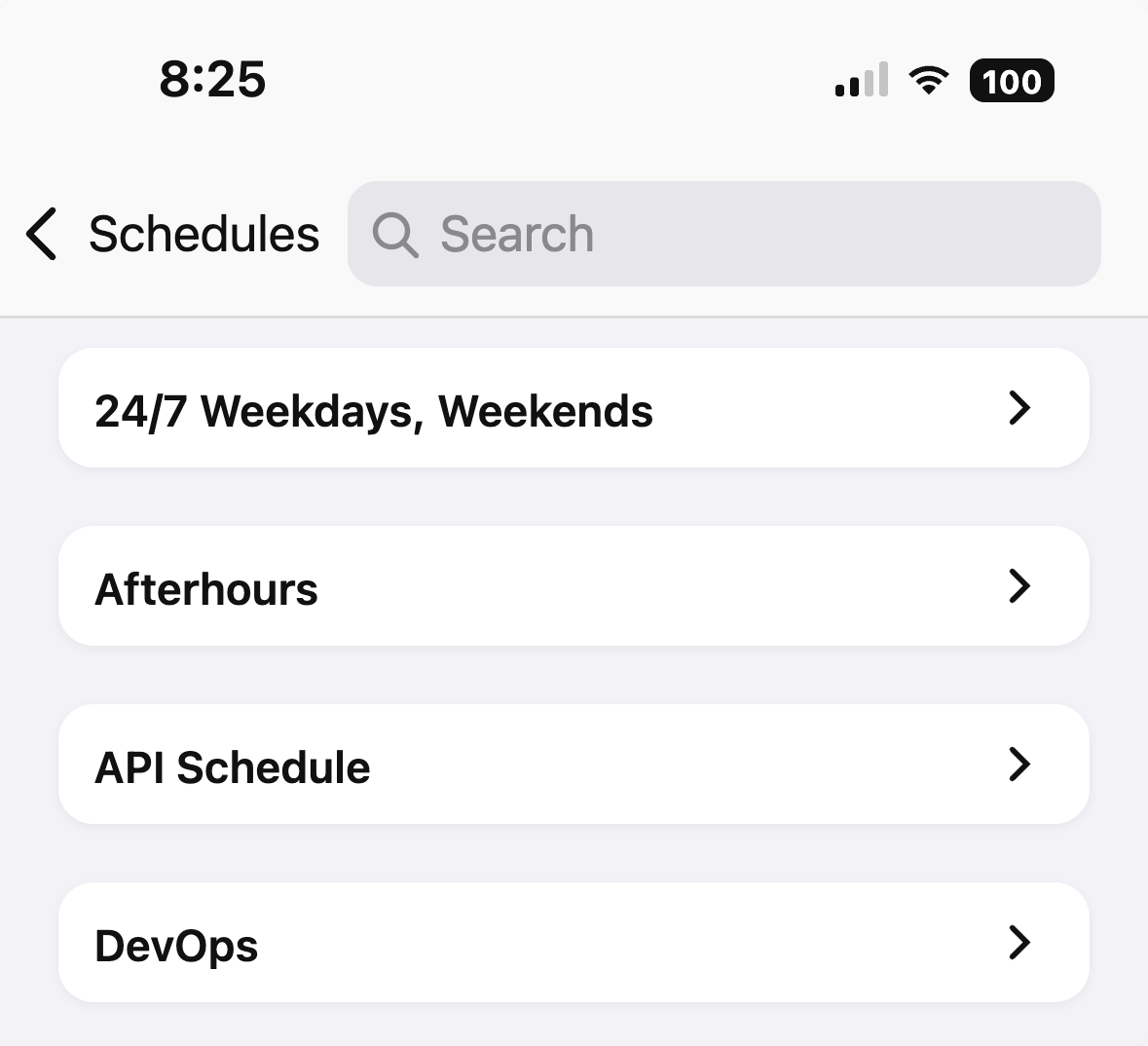 A screenshot of the PagerDuty mobile app showing how to search on-call schedules