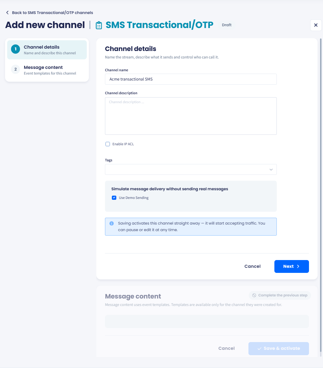 Channel details step of the Add new channel form for SMS Transactional/OTP