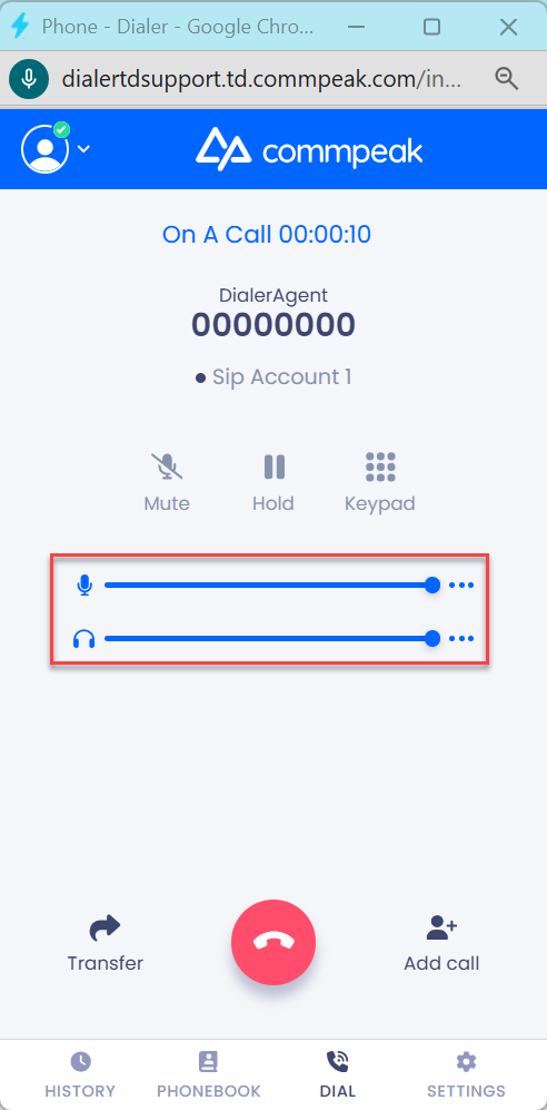 Screenshot of the call volume sliders