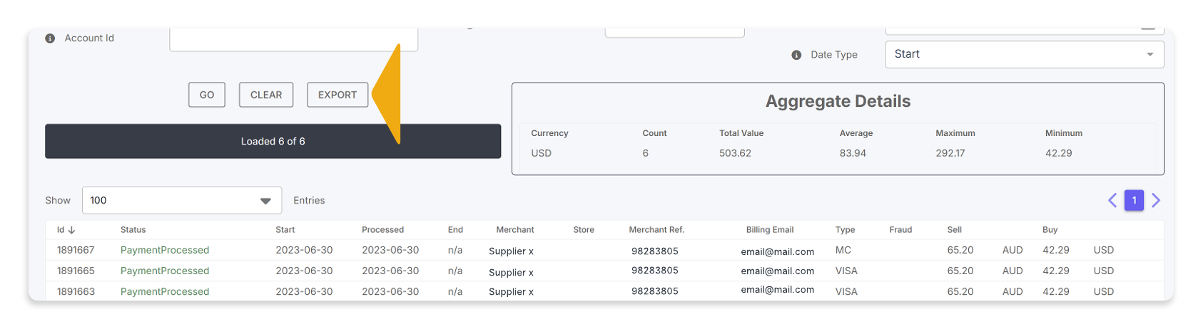 Screenshot of the export button in the Search tool.