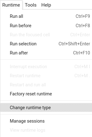 The Runtime dropdown menu in Colab