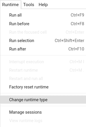 Colab Runtime Menu