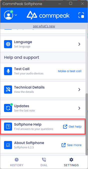 Screenshot of the **Softphone Help** option