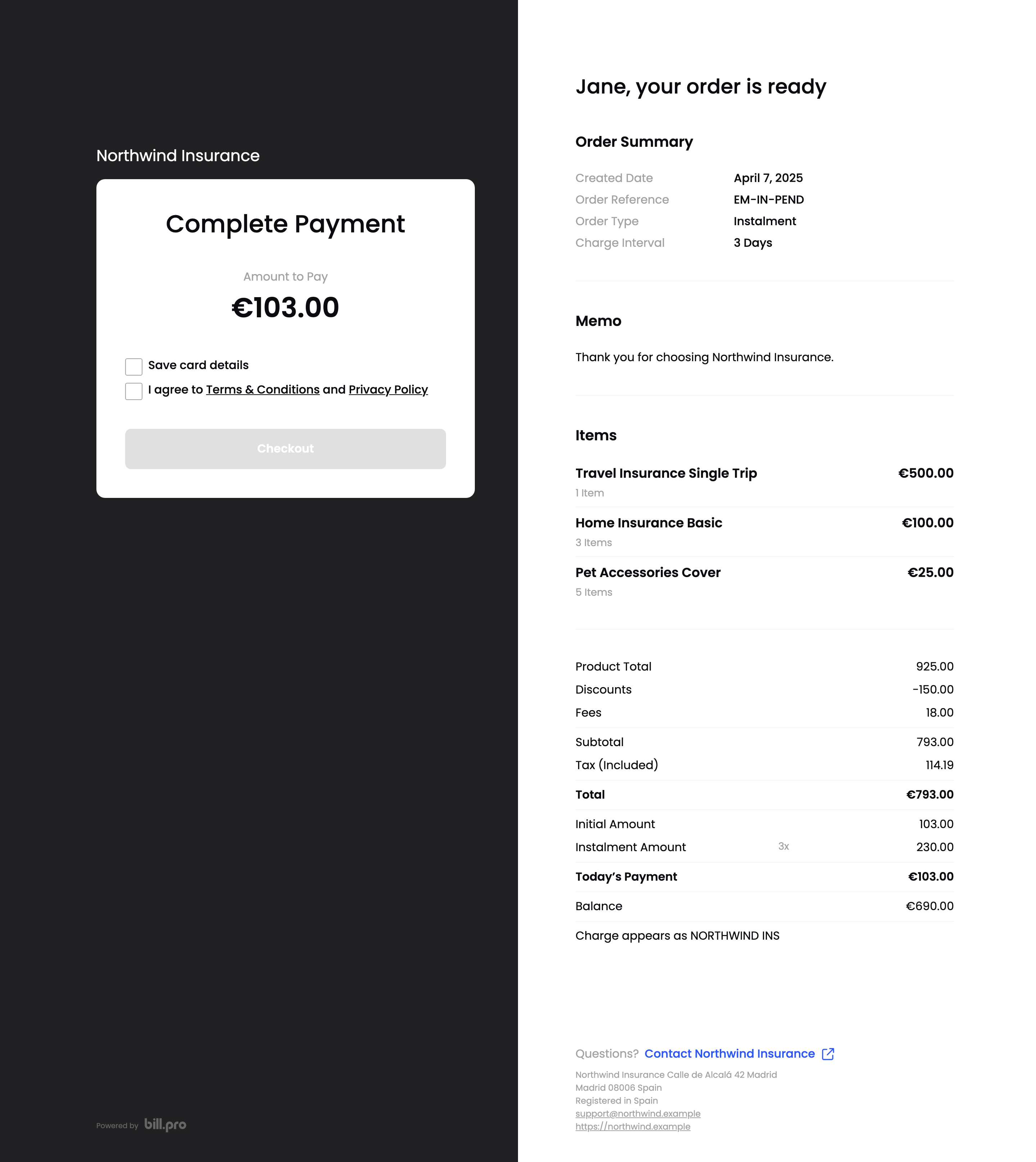 The checkout of an instalment order