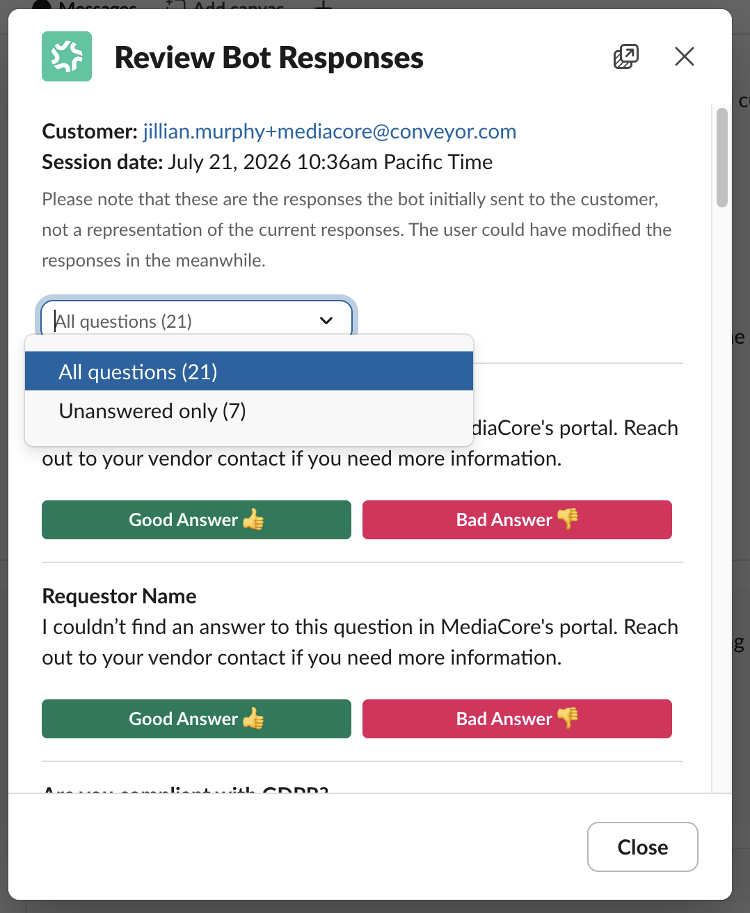 The Review Bot Responses modal with the filter dropdown open, showing 'All questions (21)' and 'Unanswered only (7)' options, above the customer email and session date.