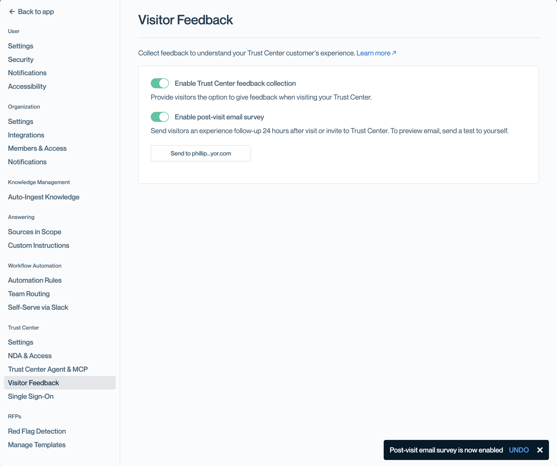 Visitor Feedback settings showing the toggle for "Enable post-visit email survey" and a button labeled "Send to {test@email.com}"