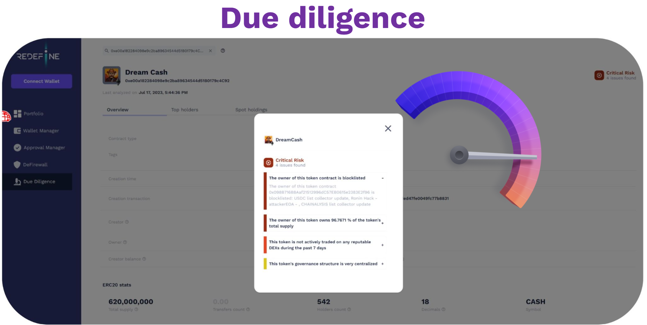 The Due Diligence engine provides users with comprehensive risk insights and risk-related metrics associated with an address