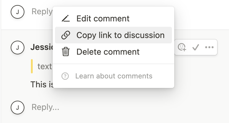 "Copy link to discussion" menu option in Notion UI.