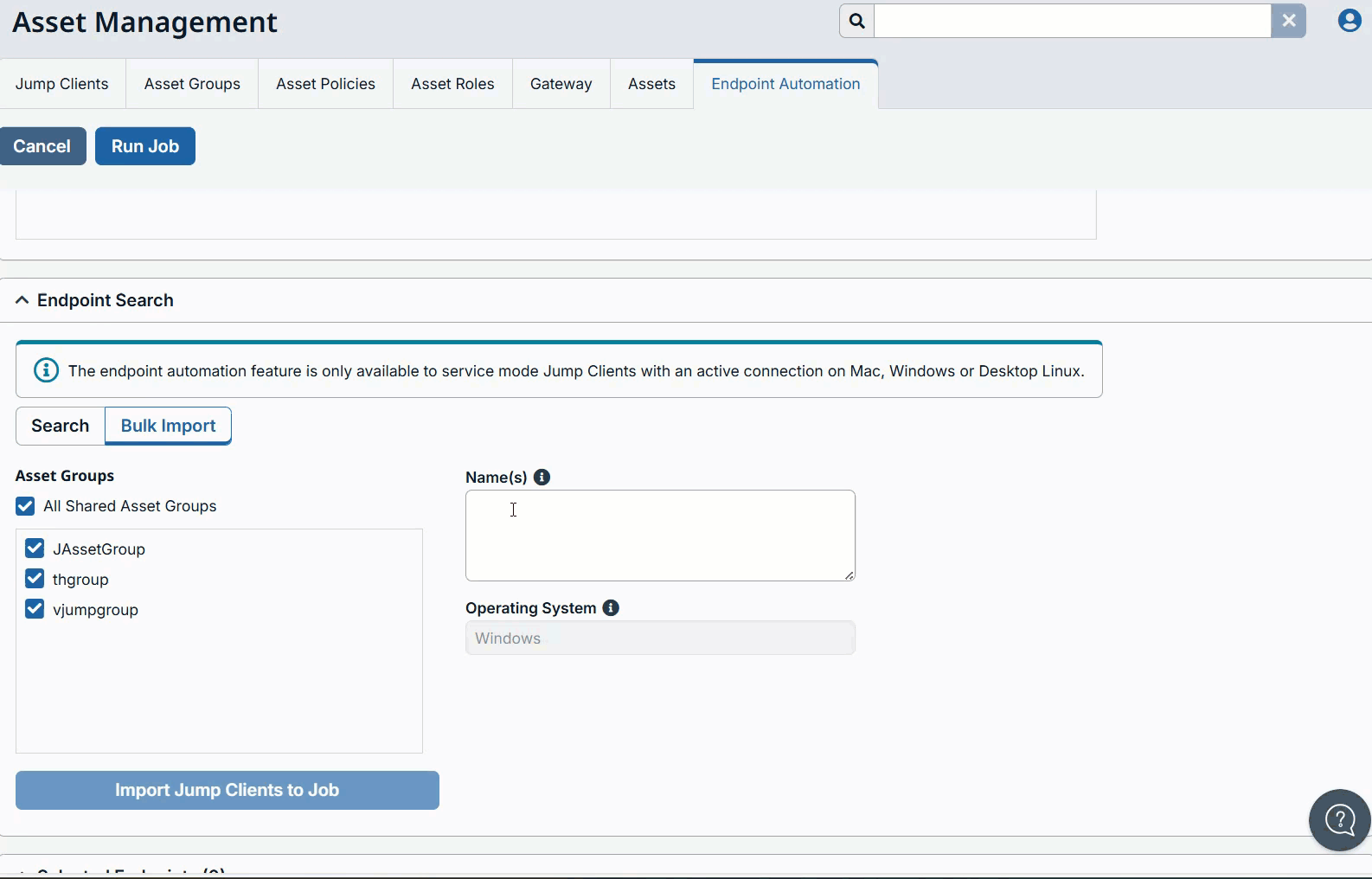 Animaged image of Importing a Jump Client to a Job.