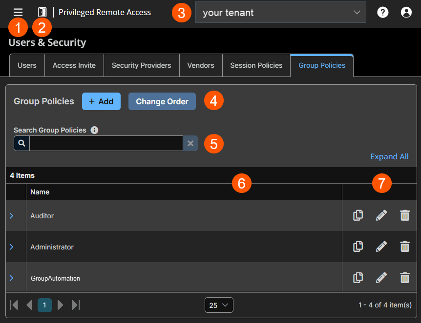 An image of BeyondTrust Privileged Remote Access interface showing the 'Users & Security' page with the 'Group Policies' tab selected. The page includes '+ Add' and 'Change Order' buttons, and a search bar labeled 'Search Group Policies.' A table lists six group policies: User, Auditor, Administrator, Require MFA, BeyondTrust Pathfinder User, and TestPolicy. Each policy entry includes icons for editing, copying, and deleting.