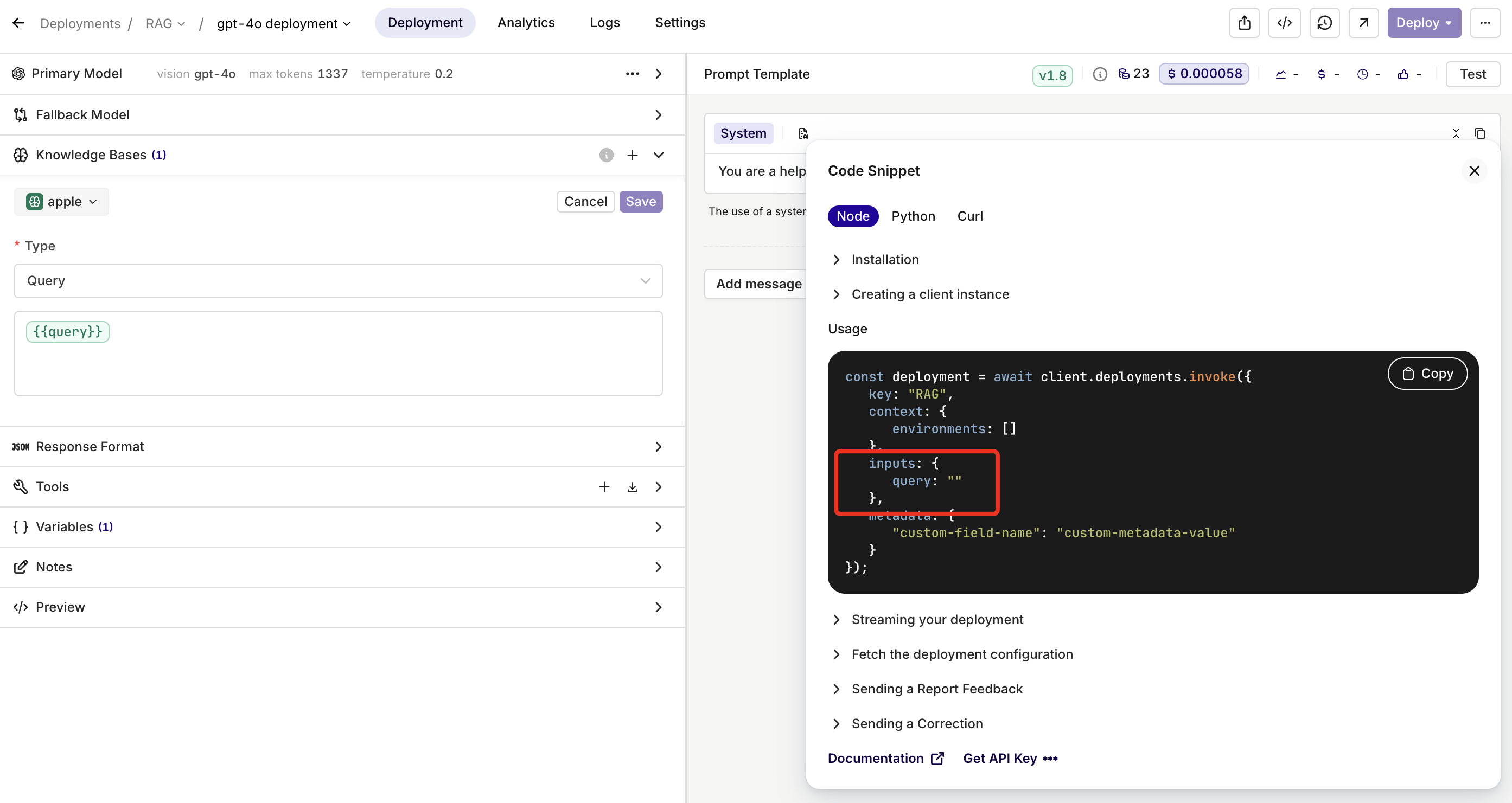 Here we're using the input variable `{{query}}` and it is reachable through the `invoke` call as an input, letting you dynamically define the Knowledge Base query at runtime.