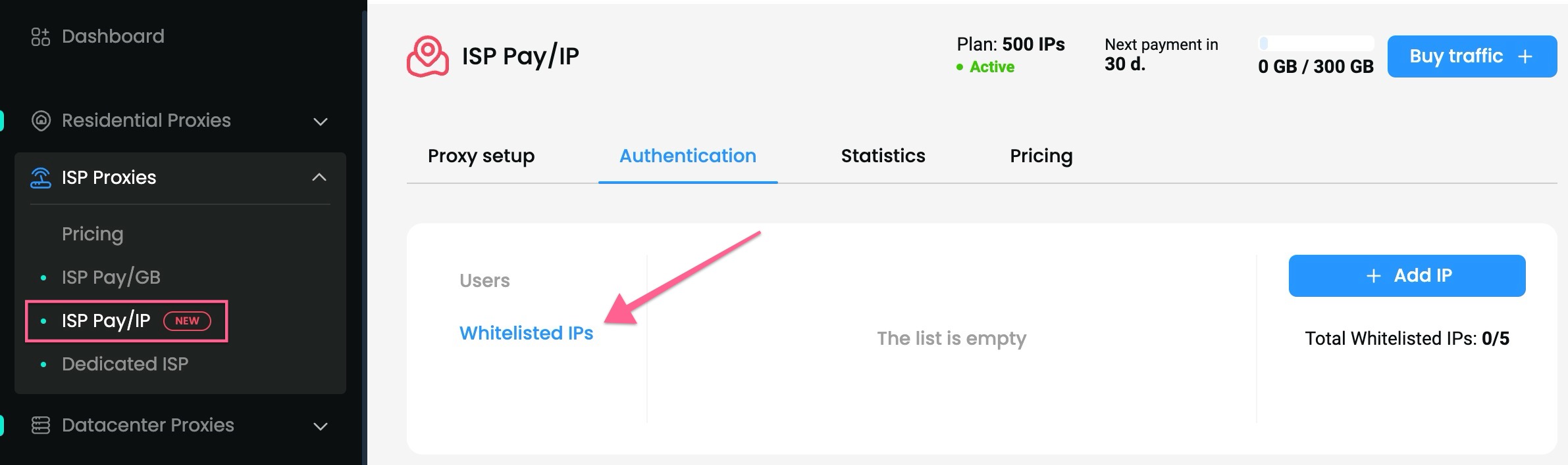 The Whitelisted IPs authentication section.