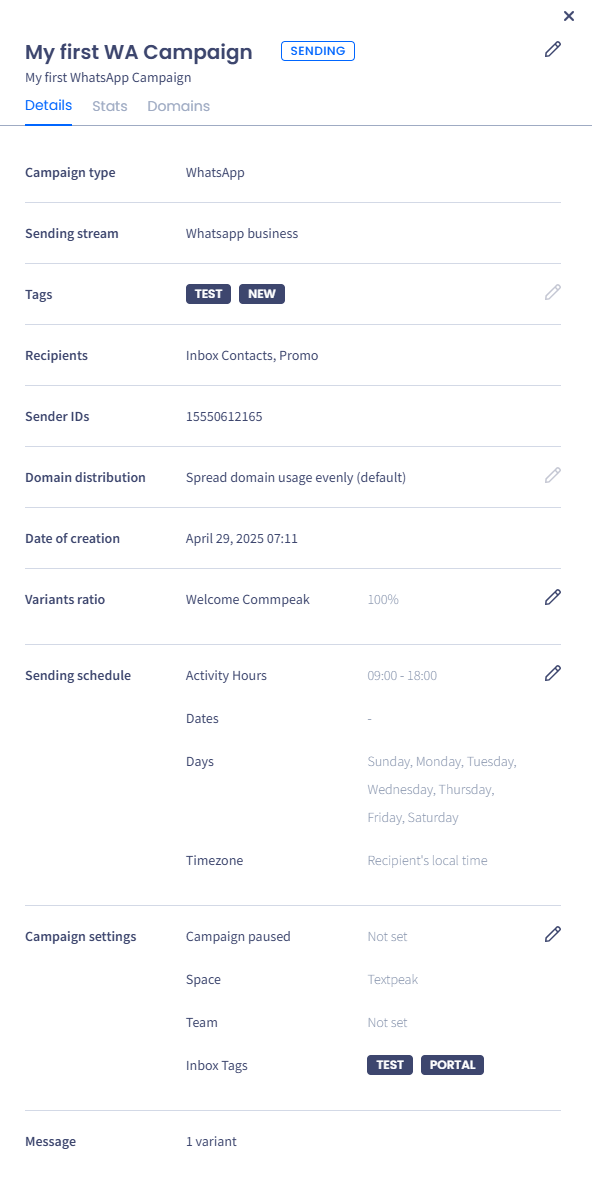 Screenshot of the sidebar campaing details