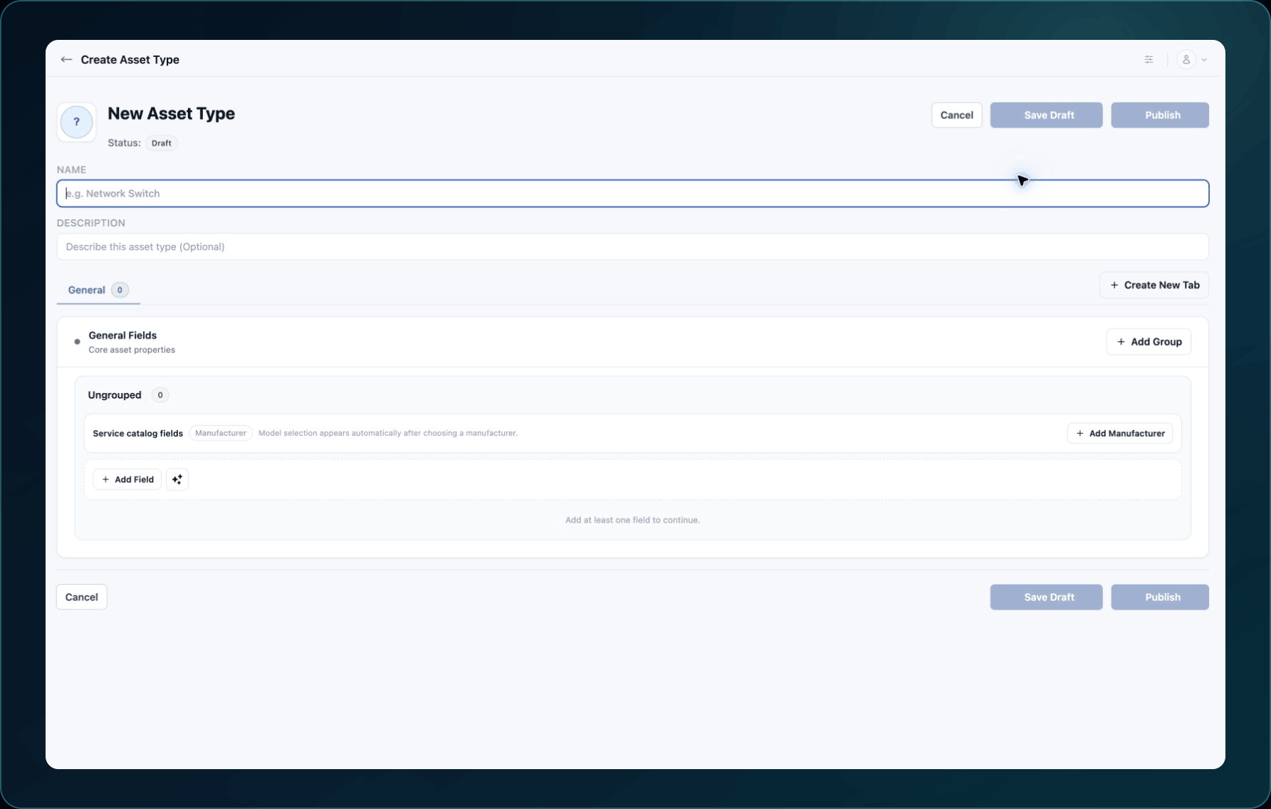 Draft Asset Type builder showing name, description, tabs, groups, Service Catalog support, and field actions.